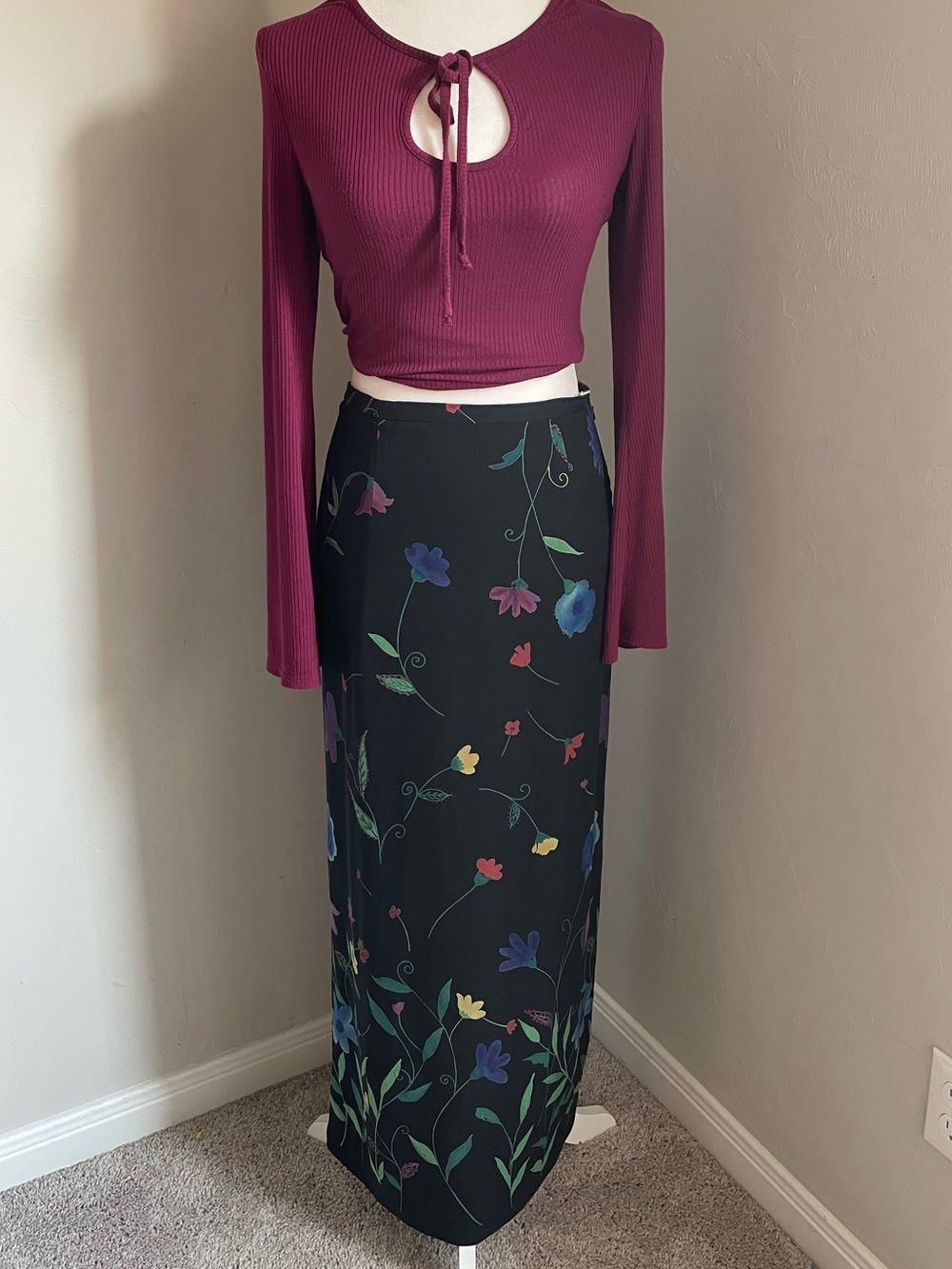 90s Y2K Harold's Black Vintage Silk Maxi Skirt, Multicolor Flowers Whimsigoth